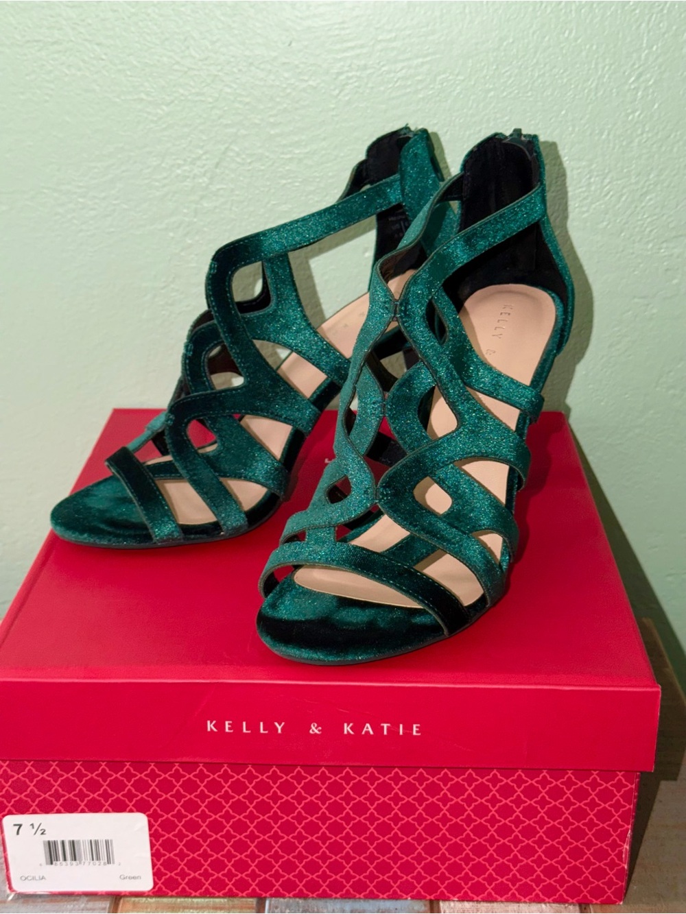 Kelly & Katie Emerald Green Velvet Strappy Cutout Heels